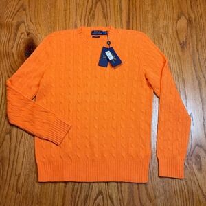 Polo Ralph Lauren Sweater Men's Medium Orange Cable Crewneck 100% Cashmere NWT